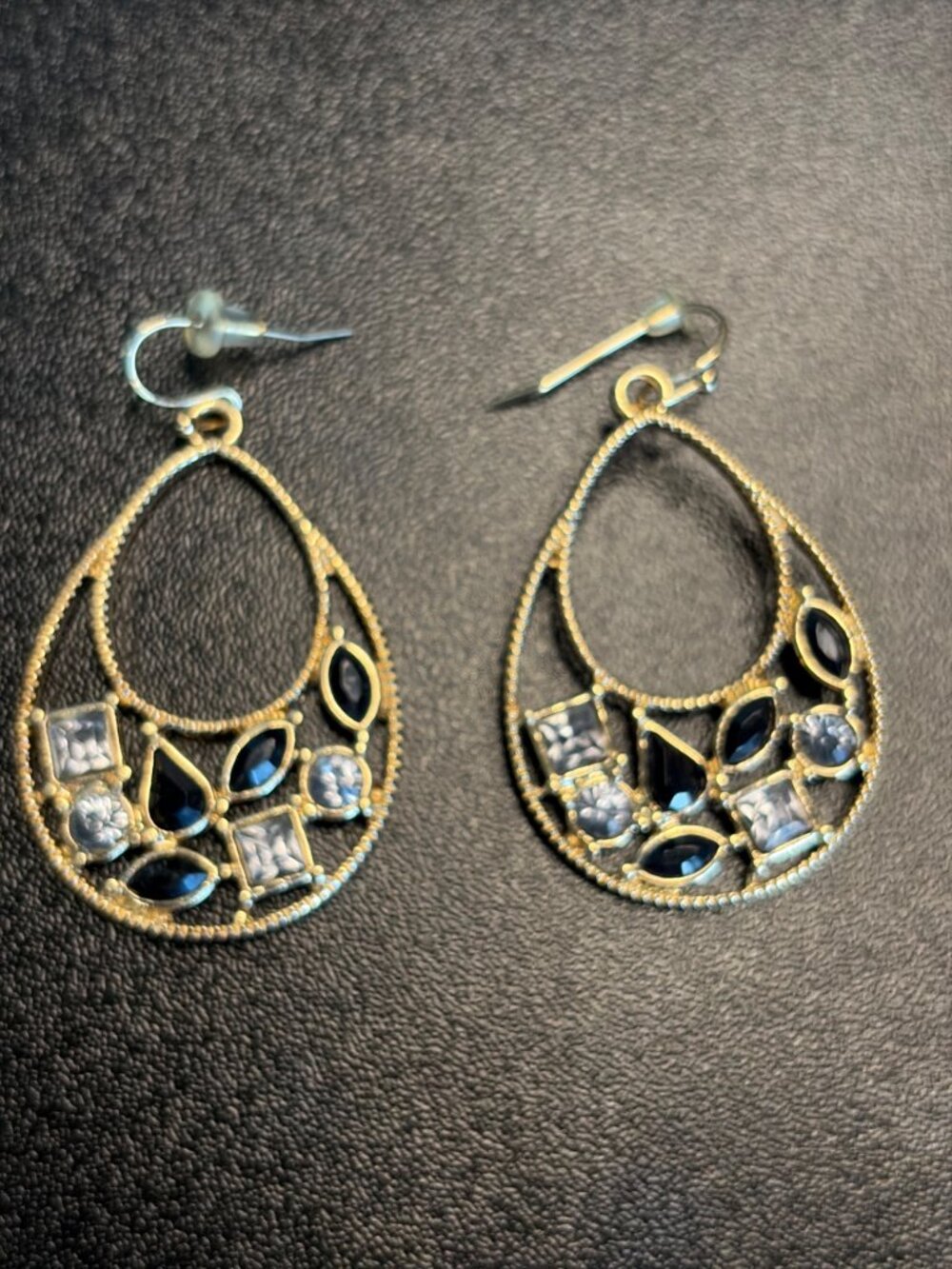 NRO Black & Clear Faceted Teardrop Dangle Earrings Gold Tone